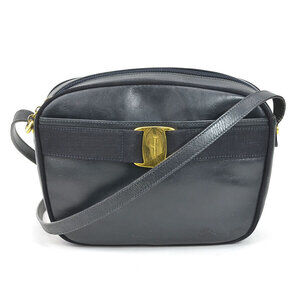 Salvatore Ferragamo Vara Leather Crossbody Shoulder Bag Navy Blue Gold